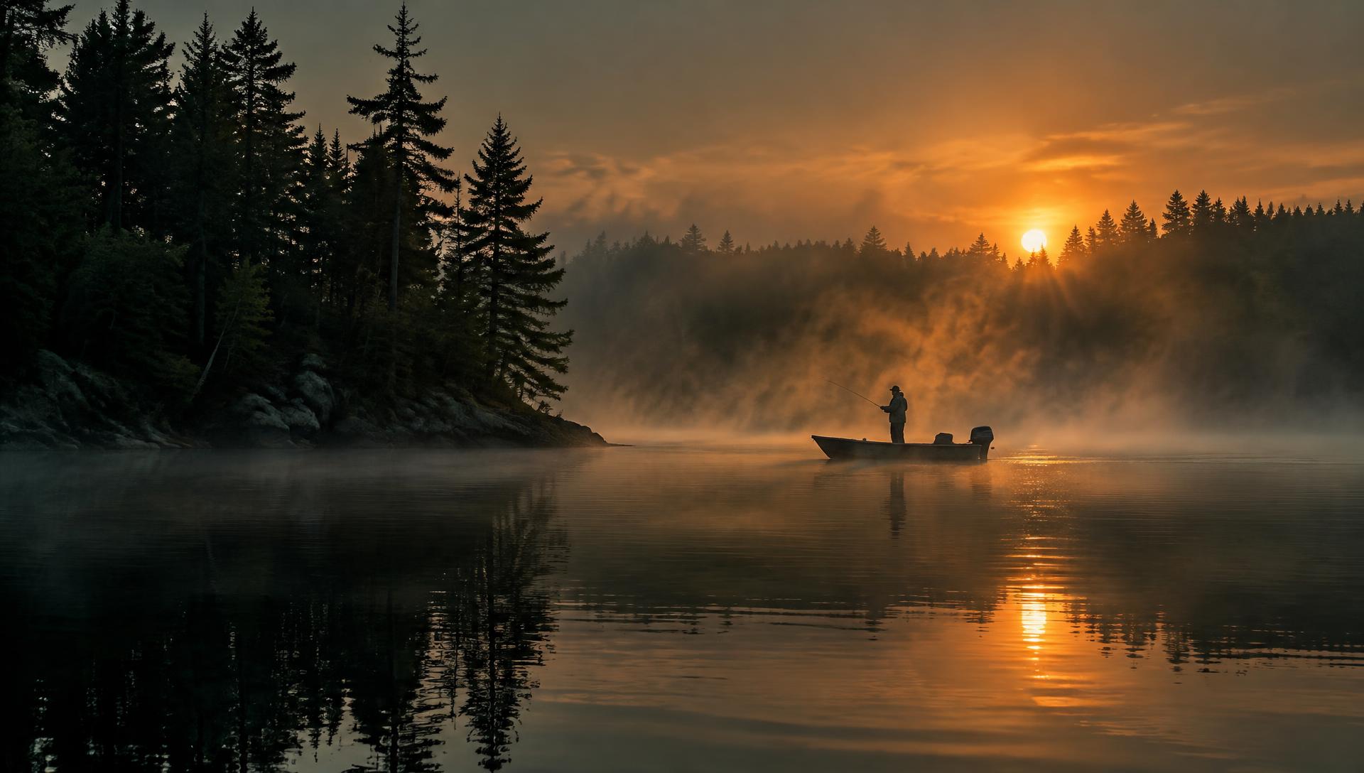 Angler casting from a boat on a misty northwoods lake at sunrise